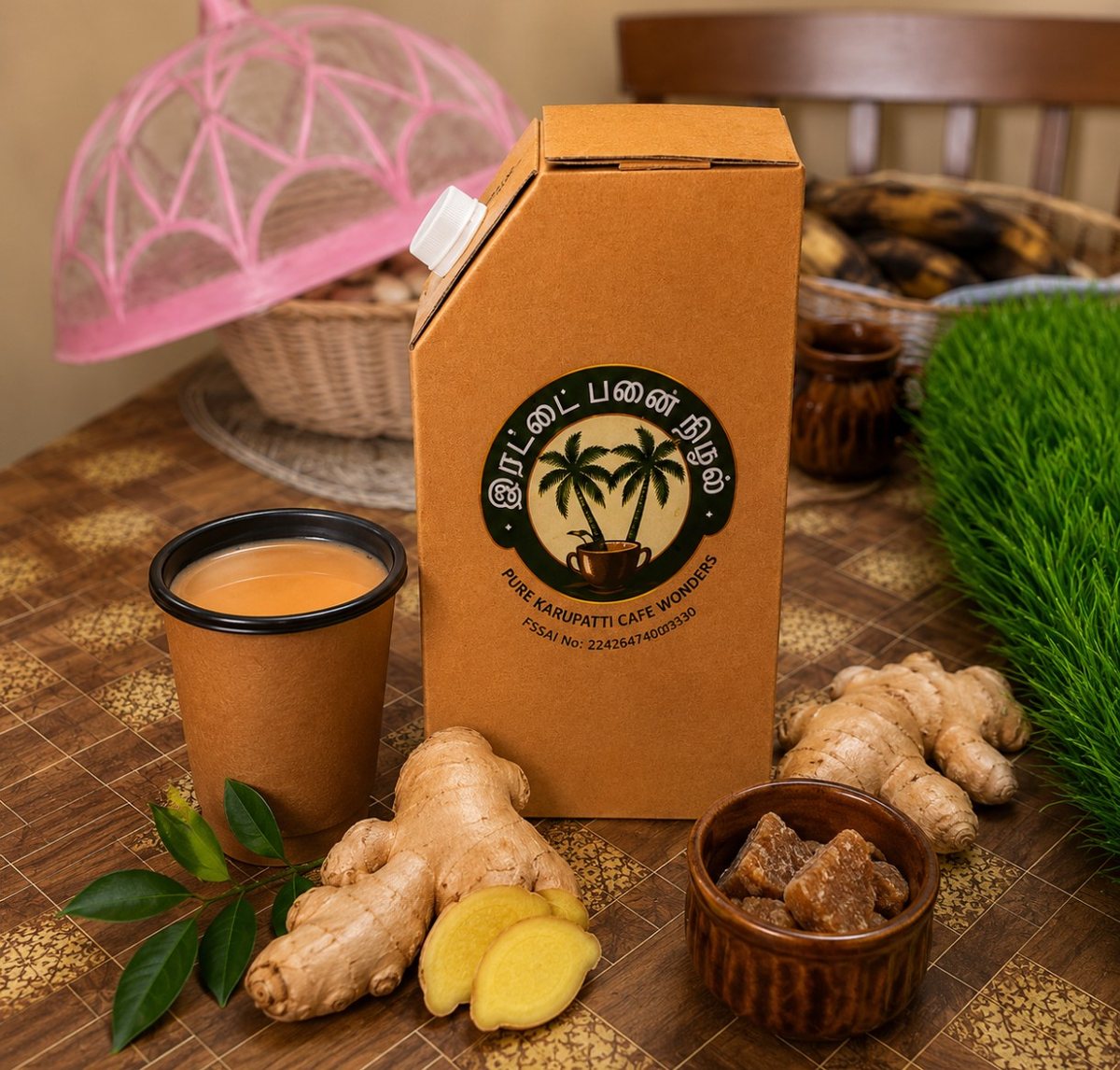 Corporate bulk beverage supply — ginger tea with delivery box